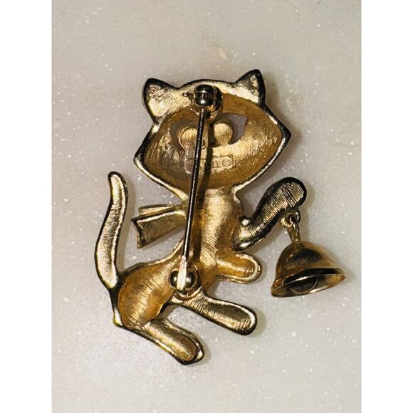 Vintage Cat Kitten Ringing Bell Avon Gold Tone Brooch Pin Blue Rhinestone Eyes - Picture 2 of 4